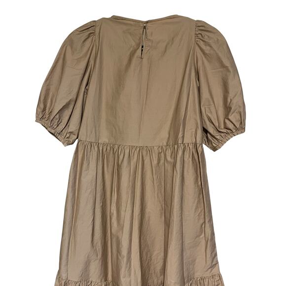 Zara Asymmetrical Hem Poplin Tiered Puff Sleeve Midi Dress Camel Beige Size S - Picture 5 of 8